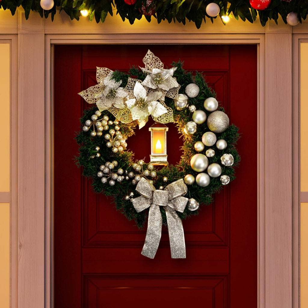 Artificial LED Christmas Wreath Pine Green Decorative Hanging Xmas Door 40Cm Bow