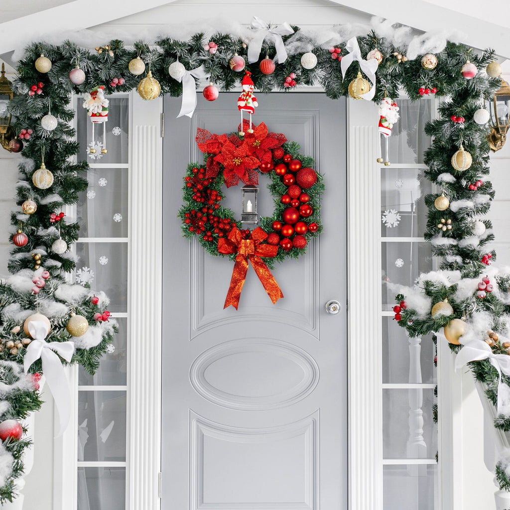 Artificial LED Christmas Wreath Pine Green Decorative Hanging Xmas Door 40Cm Bow