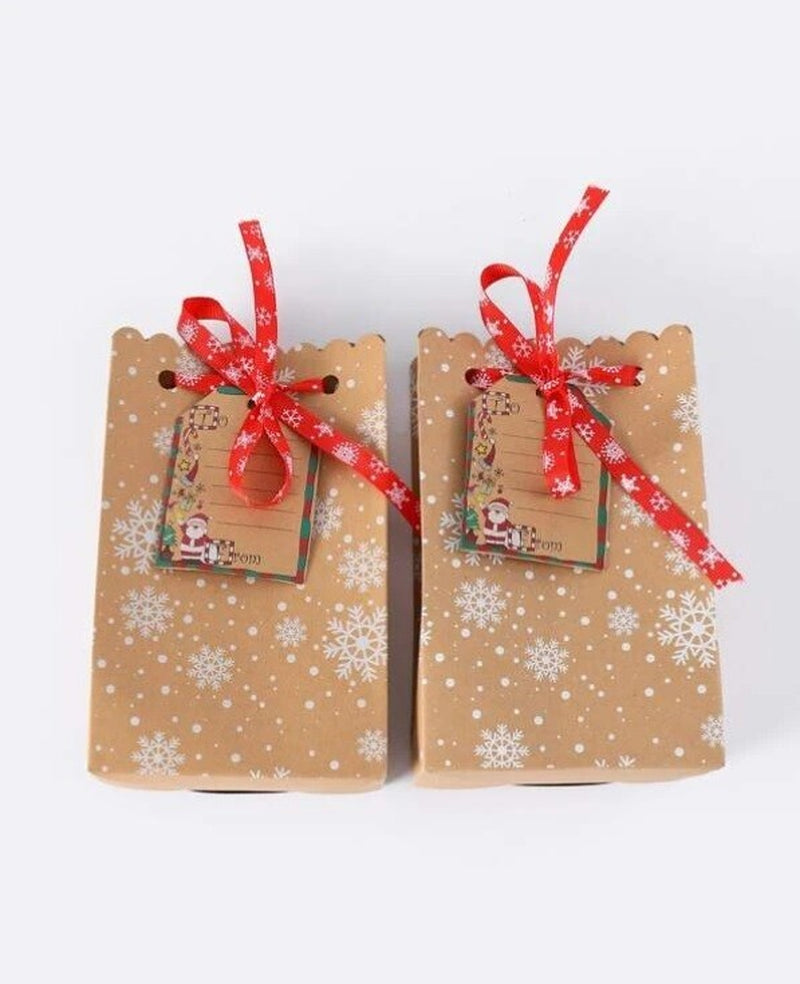 6Pcs Christmas Snowflake Brown/Beige Red Bow Decor Packaging Bag Box Xmas Gift