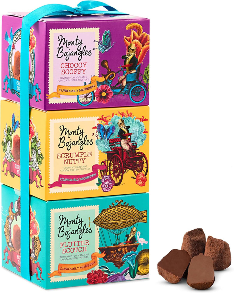 Cocoa Dusted Truffles Gift Tower (3 X 100G Pack)- 3 Luxury Chocolate Truffle Boxes - Choccy Scoffy, Scrumple Nutty & Flutter Scotch- the Perfect Chocolate Gift Box Selection