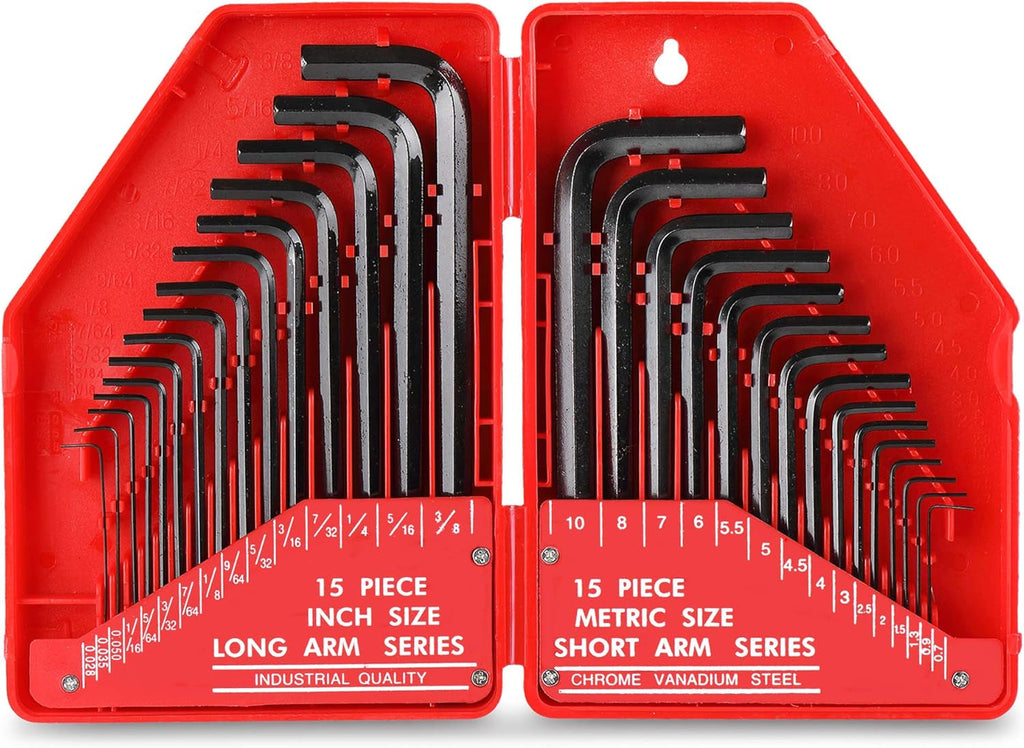 30Pc Imperial & Metric Hex Allen Key Wrench Folding Set with Small & Large Sizes. Includes Mini 0.035” up to Long 10Mm