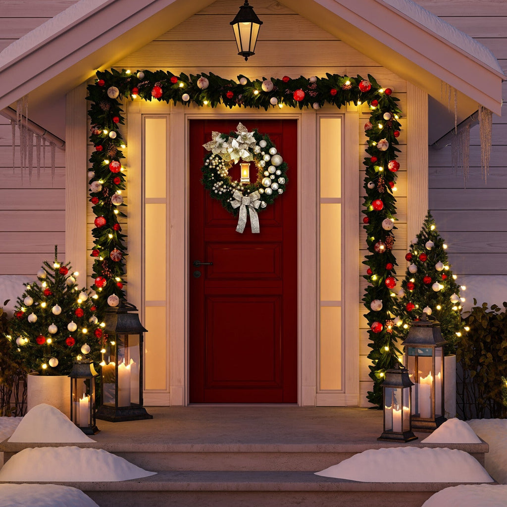 Artificial LED Christmas Wreath Pine Green Decorative Hanging Xmas Door 40Cm Bow
