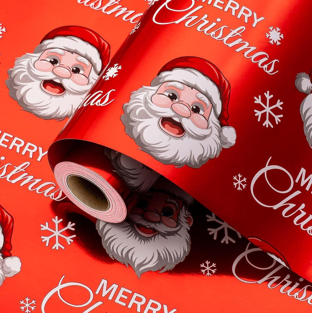 Christmas Wrapping Paper Roll - 43Cm X 10M Red White Metallic Foil Shine Cute Present Packing Paper - Santa Claus/Snowflakes/Merry Christmas Lettering Design