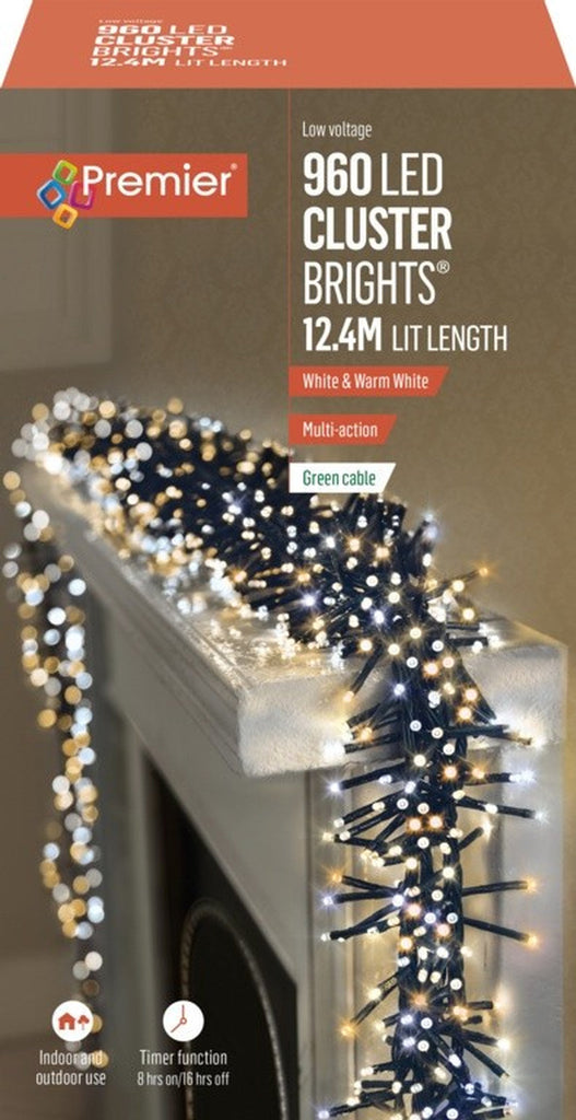 960 LED Cluster Multi-Action Christmas Tree Lights Timer - WHITE & WARM WHITE