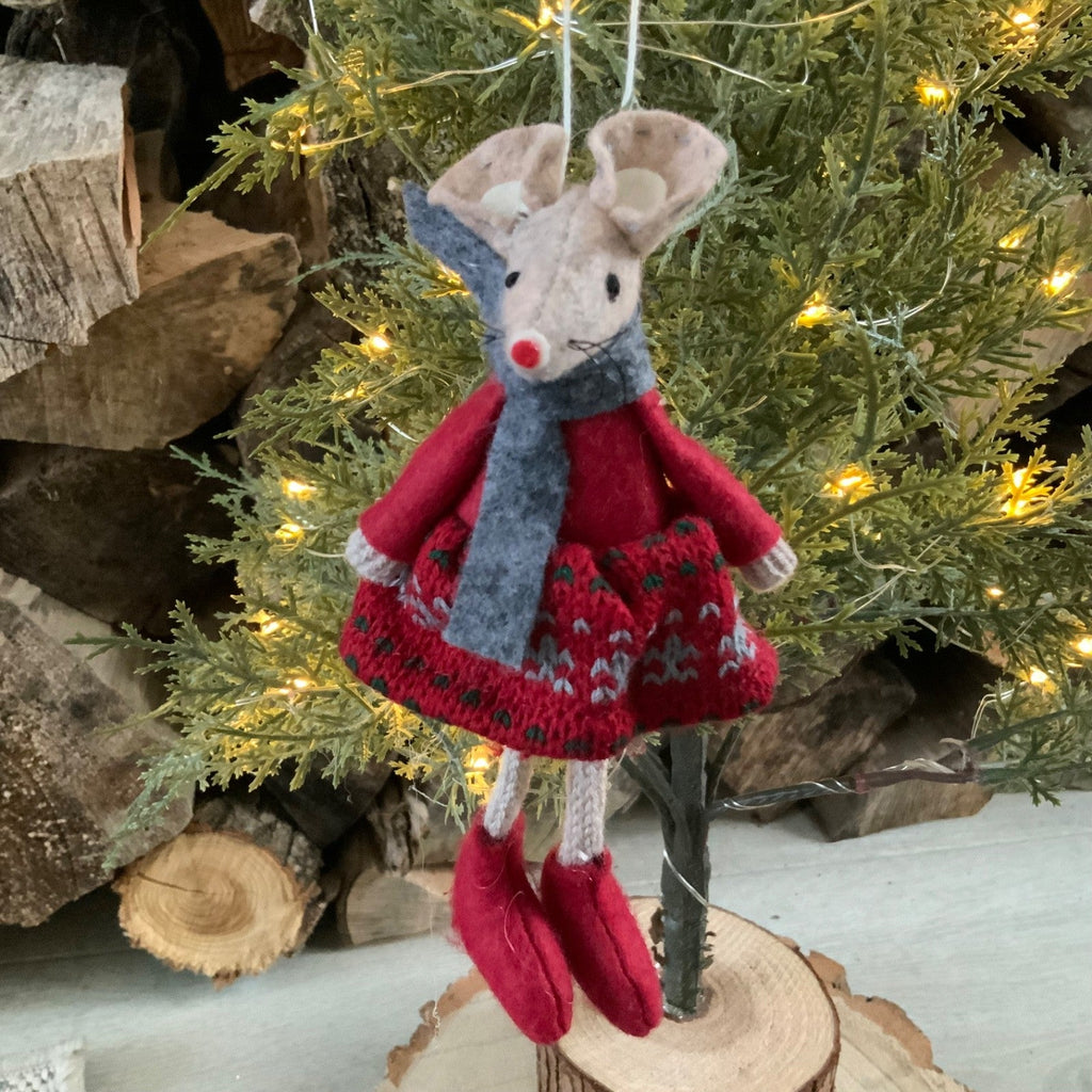 Red Hanging Mouse Girl Christmas Tree Decoration Fairisle Dress Fabric Felt