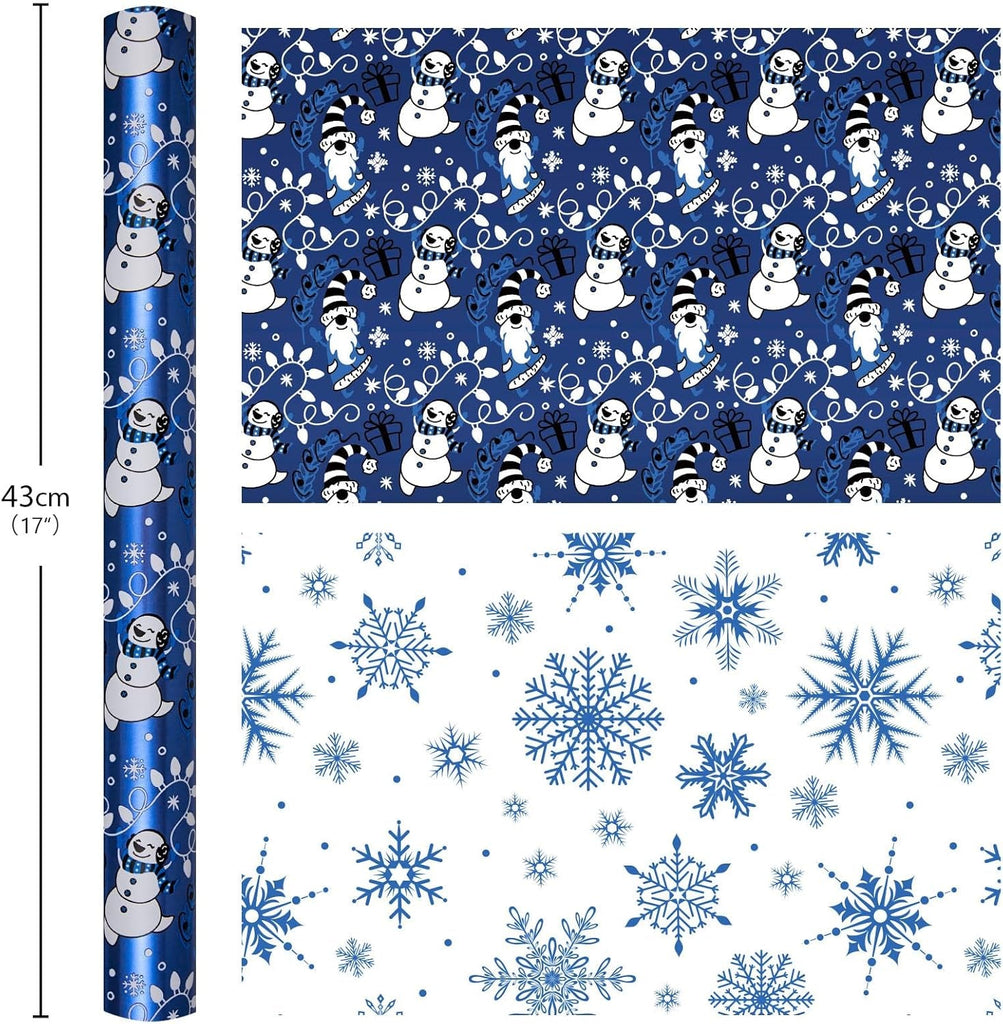 Christmas Wrapping Paper - Mini Roll - Funny Snowman and Snowflake Pattern Blue Reversible Gift Wrap for Winter Holiday Festive Celebration - 43Cm X 10M