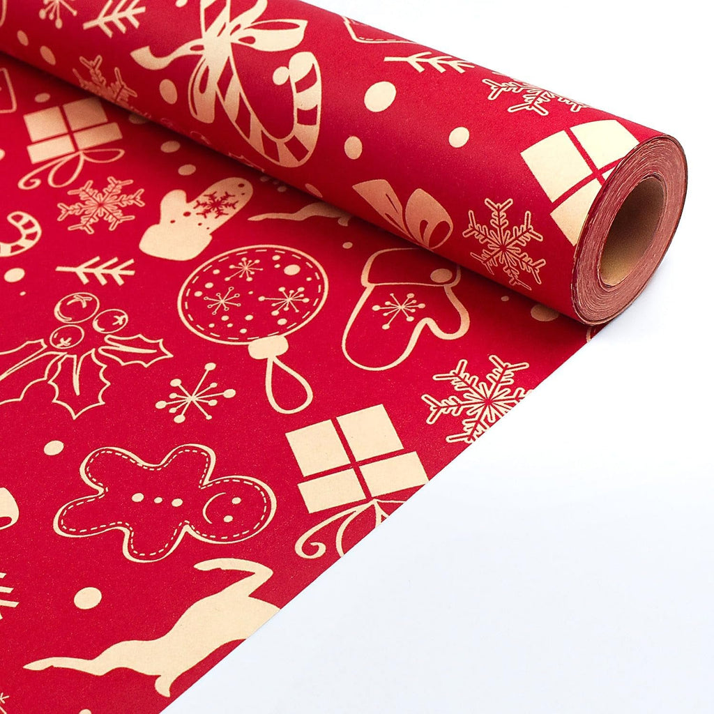 43Cm *15M Christmas Wrapping Paper Roll, Recyclable Red Kraft Gift Wrapping P...