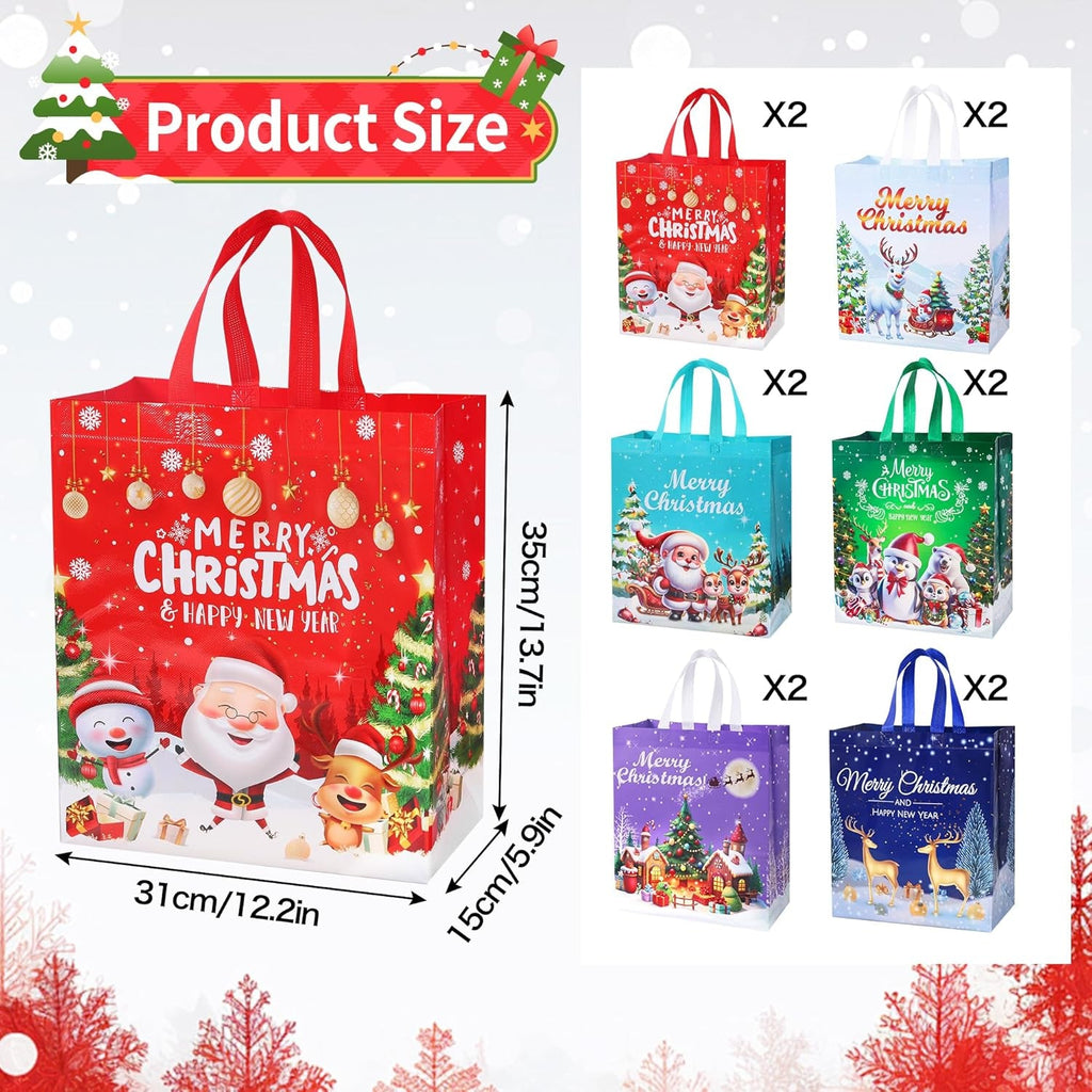 6 Pack Christmas Tote Bag, Extra Large Reusable Grocery Bag with Handle
