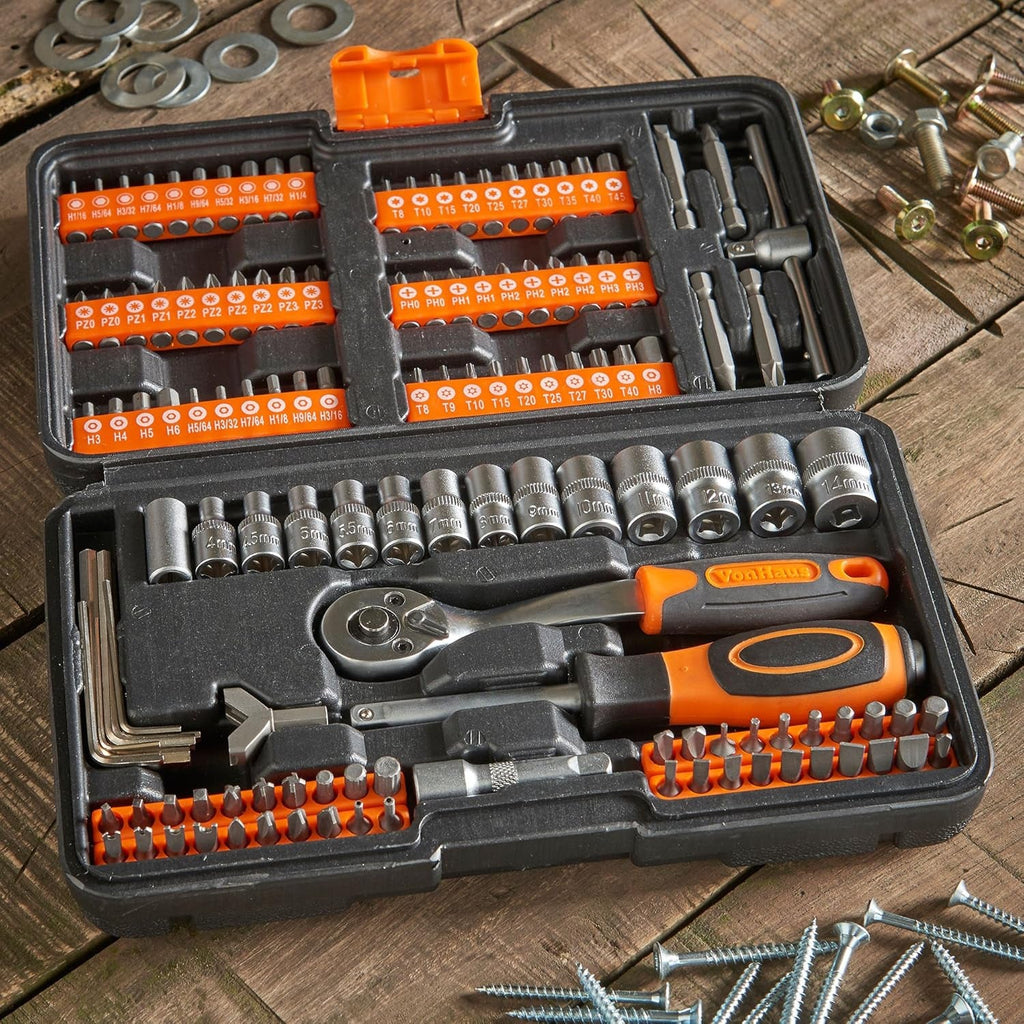 Socket Set – 130-Piece Ratchet Kit, 1/4" Drive Socket Set with Extension Bar, Coupler, Ratchet and Wrench - Wrench Bundle and Screwdriver Bit Collection with Carry Case