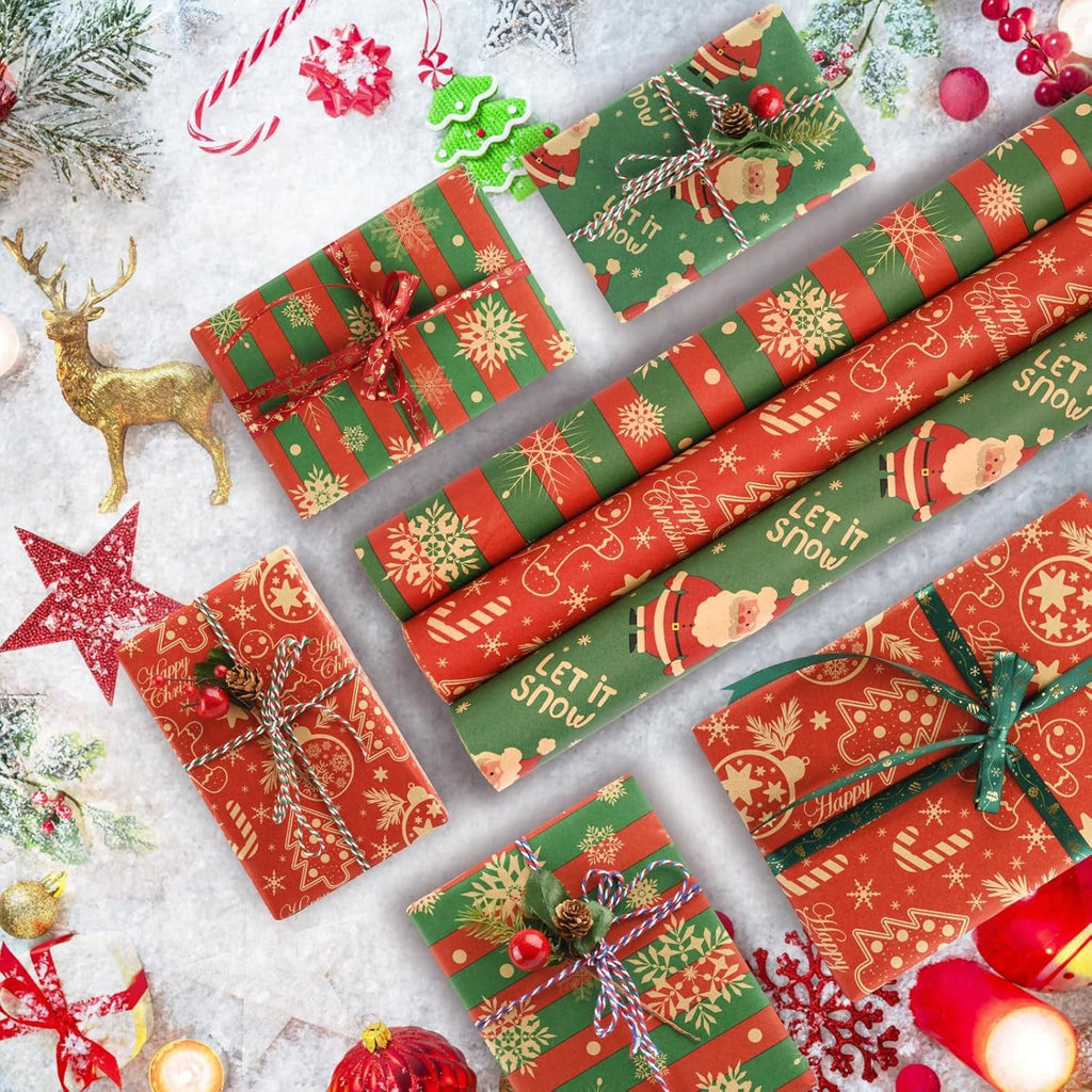 3 Rolls Christmas Wrapping Paper for Gift, 43Cm X 10M Xmas Wrapping Paper Rolls Recyclable Kraft Paper for Christmas Boxes Gift Wrap Birthday Festival Present Decorations