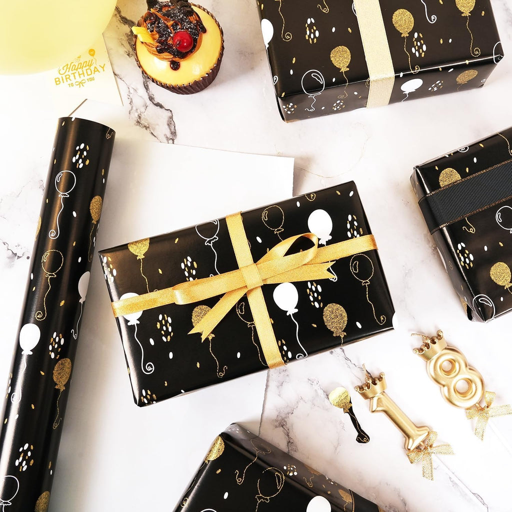 Black Birthday Wrapping Paper Roll - Metallic Dots and Balloon Design, 43Cm X 10M Black Gold Wrapping Paper for Women Men, Luxury Gift Wrap Paper for Birthday Christmas Wedding Baby Shower Party