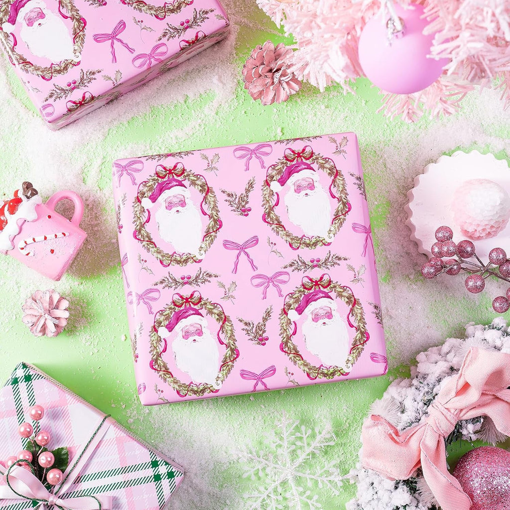 Christmas Reversible Wrapping Paper Roll for Girls, Mini Roll, Pink Santa Claus, Floral Wreath, Bow Design, Green Pink Plaid Gift Wrap Paper Perfect for Gifts, 43.2Cm X 10M
