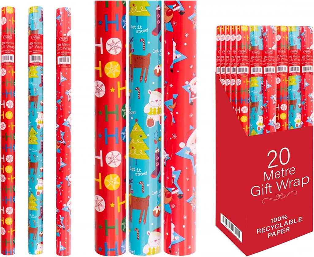 Christmas Wrapping Paper 3 Rolls X 20M Presents Gift Wrap Xmas Party - 60 Metres Total