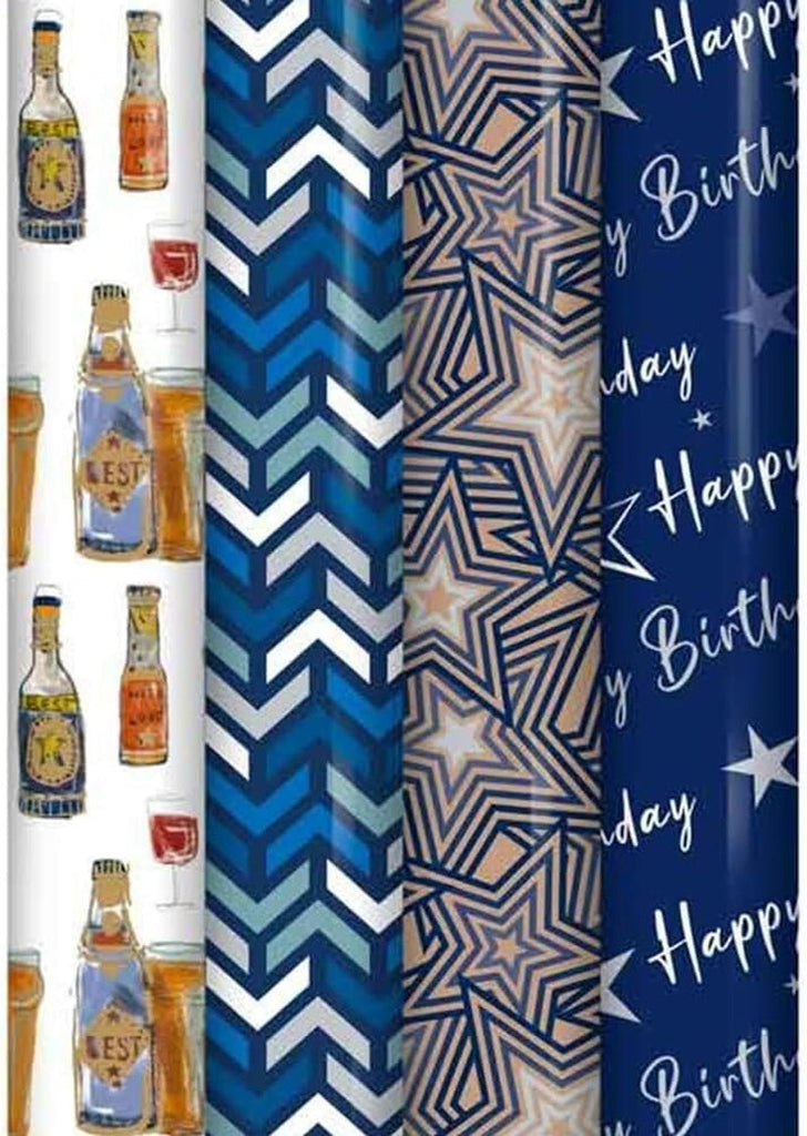 Pack of 4 X 3M Happy Birthday Gift Wrapping Paper Roll - Assorted Designs