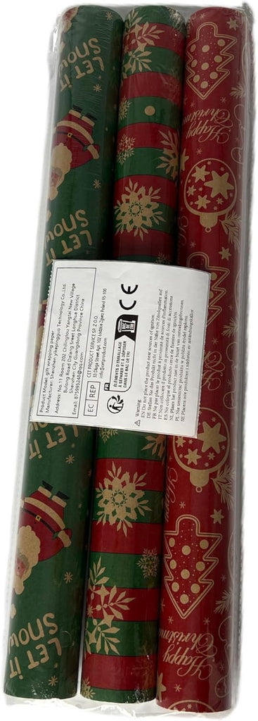 3 Rolls Christmas Wrapping Paper for Gift, 43Cm X 10M Xmas Wrapping Paper Rolls Recyclable Kraft Paper for Christmas Boxes Gift Wrap Birthday Festival Present Decorations