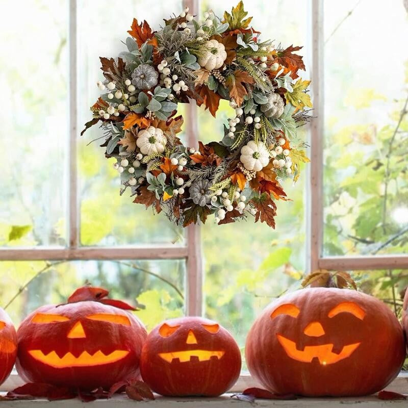 45CM Fall Wreath for Front Door Maple Leaf Pumpkin Wreath Thanksgiving Autumn