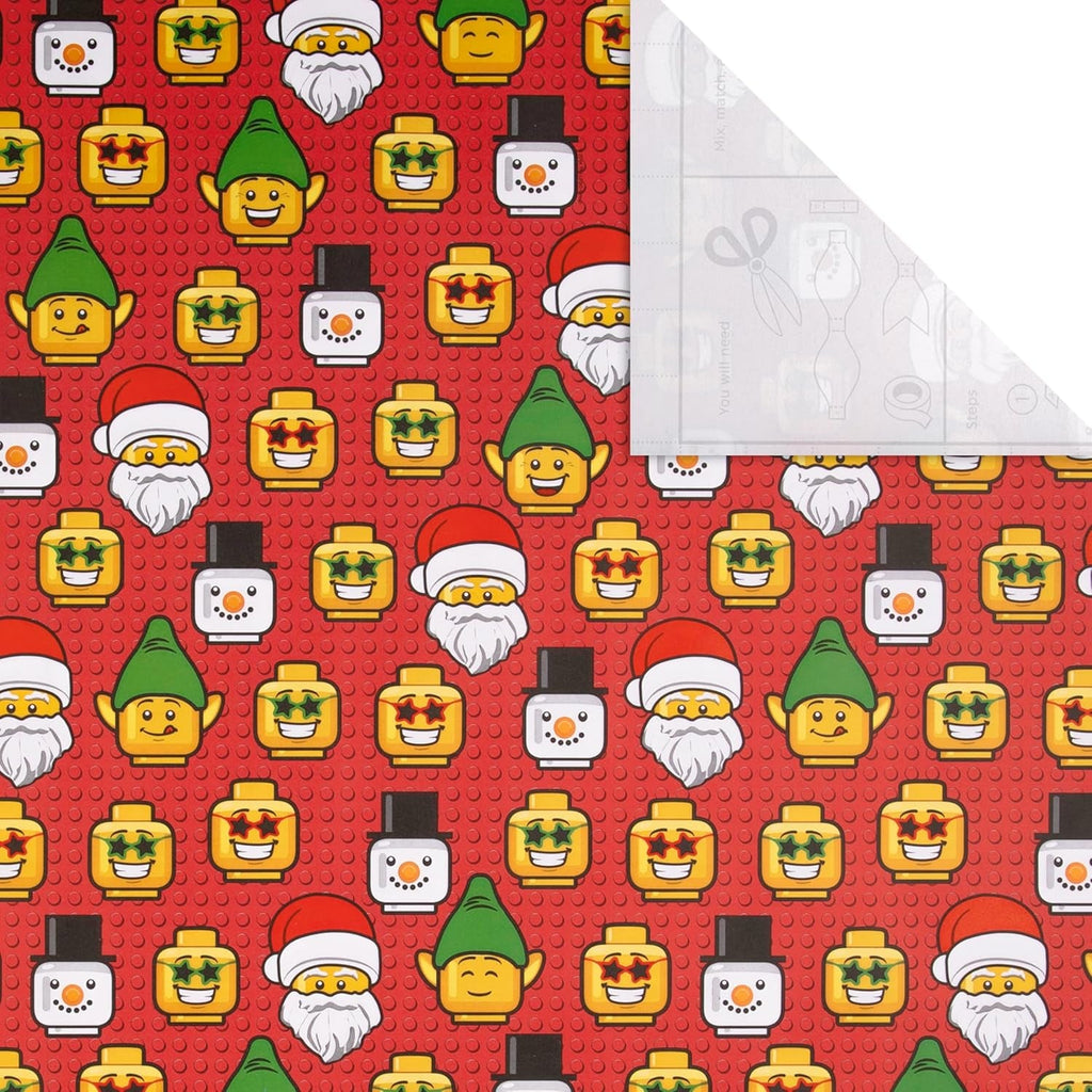Wrapping Paper, Roll Wrap, Pack of 3, LEGO, LEGO Heads, Christmas, Santa, Snowman, Elf, Red, 4M Each