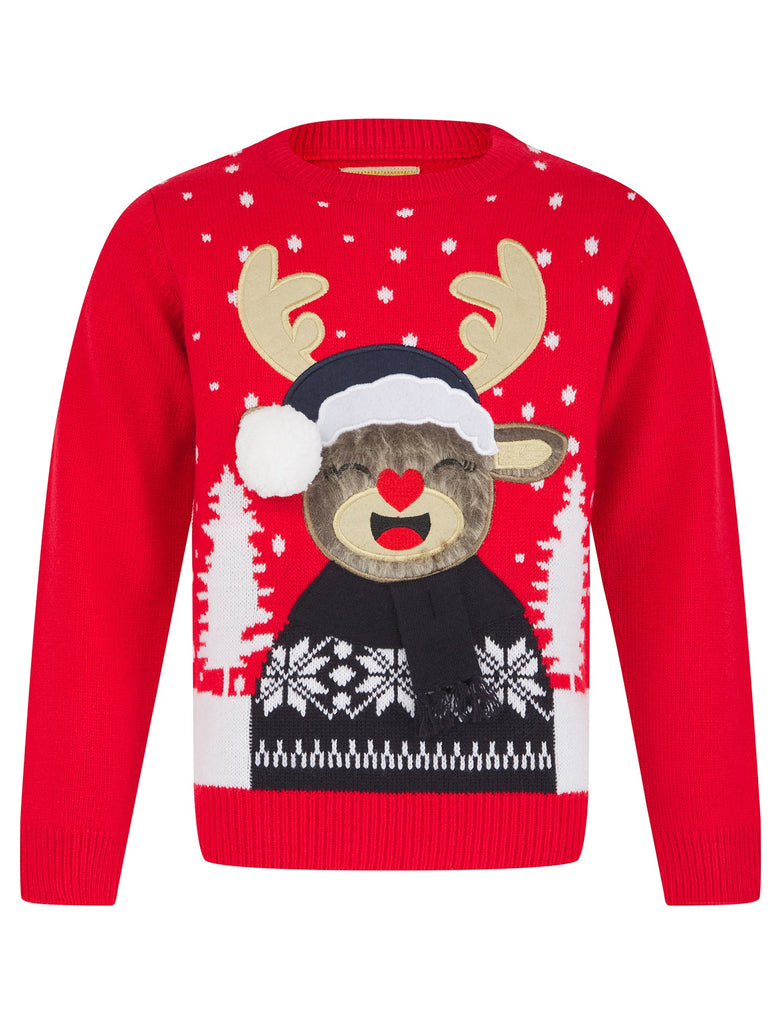 Girl'S Novelty Christmas Jumper Reindeer Knitted Xmas Sweater Top 3D Pom Pom Fur
