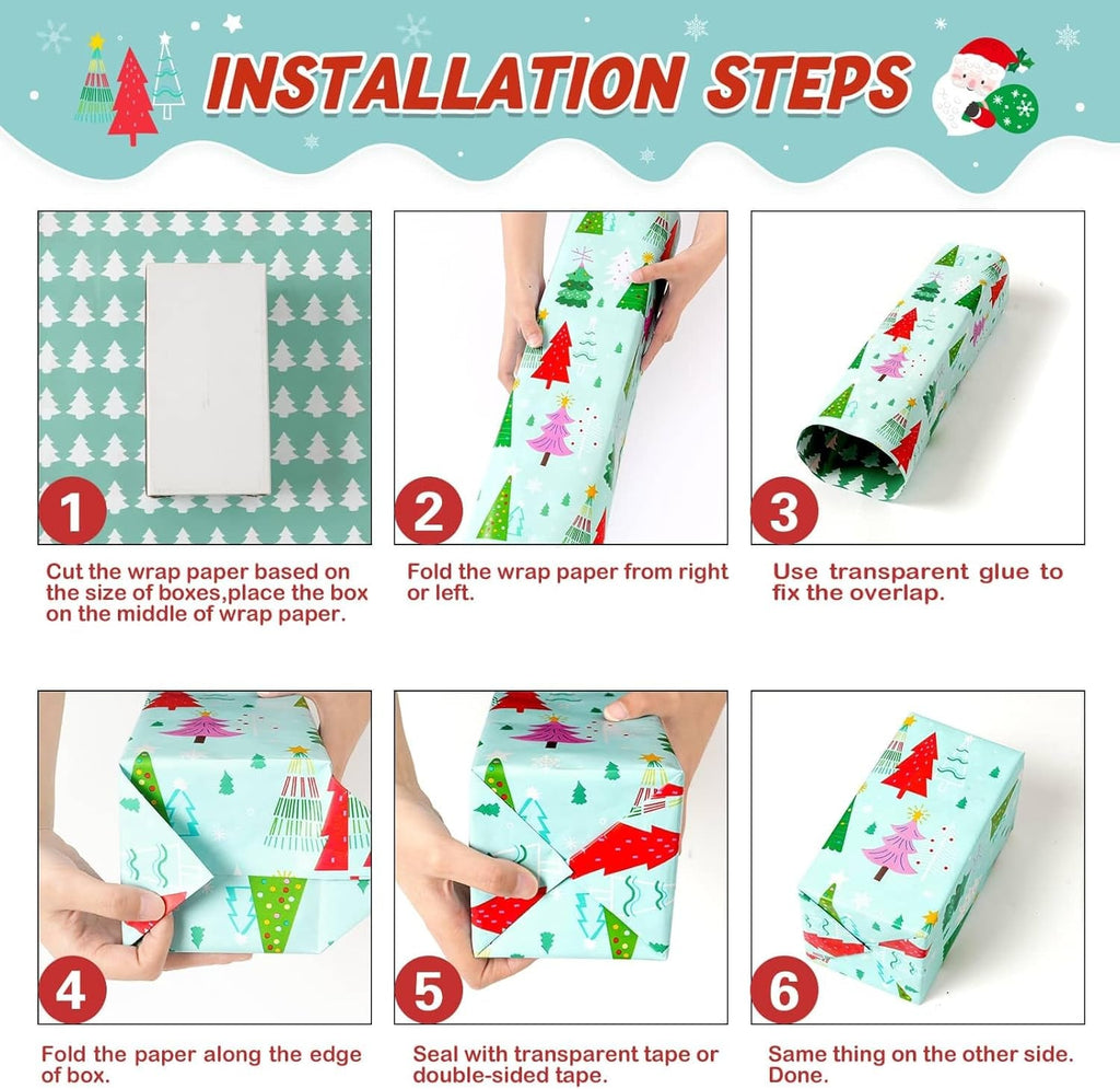 Reversible Christmas Wrapping Paper - 3 Rolls 17”X 120”Santa Wrapping Paper Rolls Classic Santa Winter Tree Candy Canes Gift Wrap Papers for Girls Boys Xmas Holiday Polka Dot Stripes Design