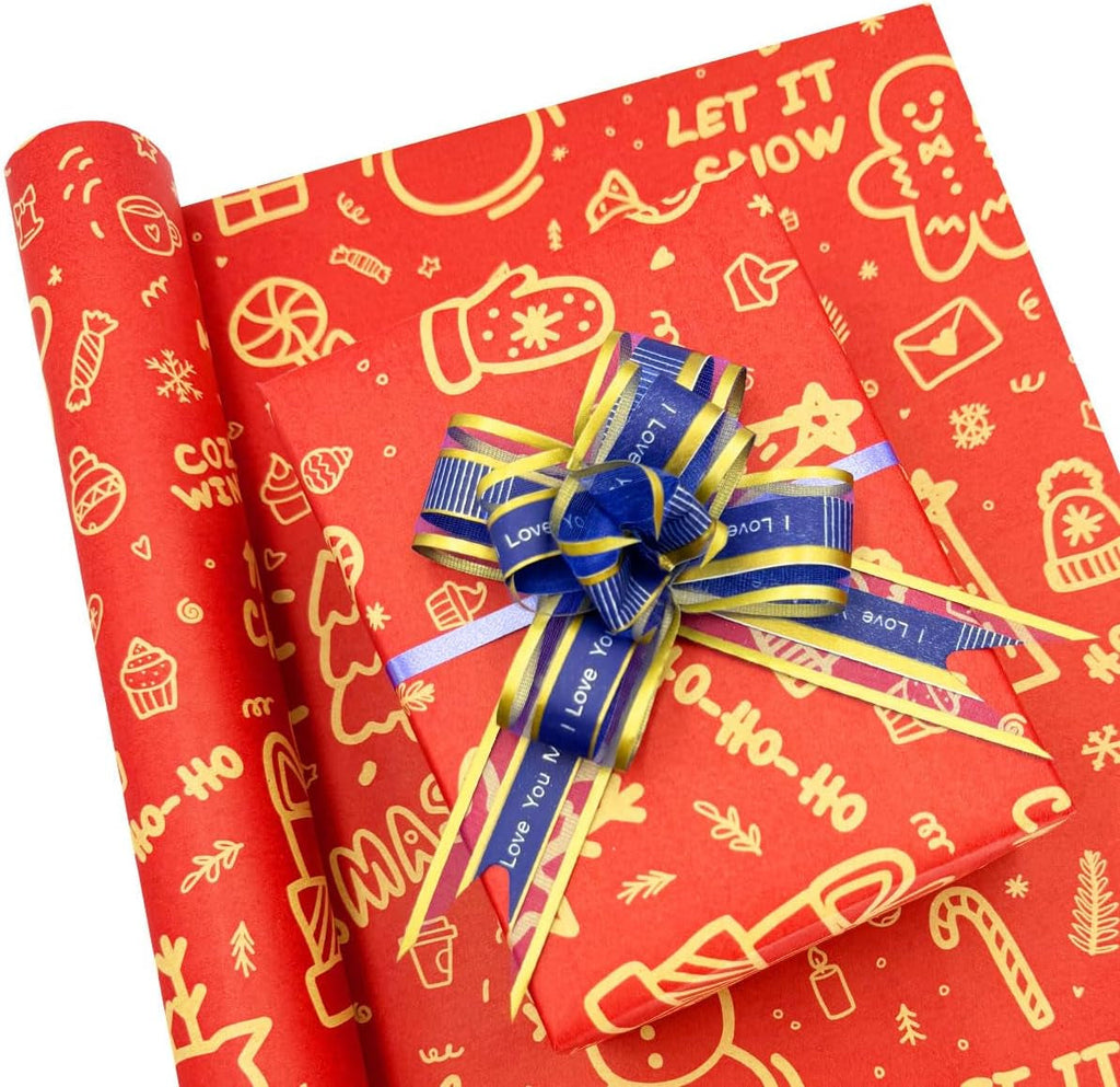 Red Christmas Wrapping Paper Roll, 43Cm *15M Recyclable Kraft Gift Wrapping Paper for Xmas Party Gifts, Birthday, Eco-Friendly Present Decorations