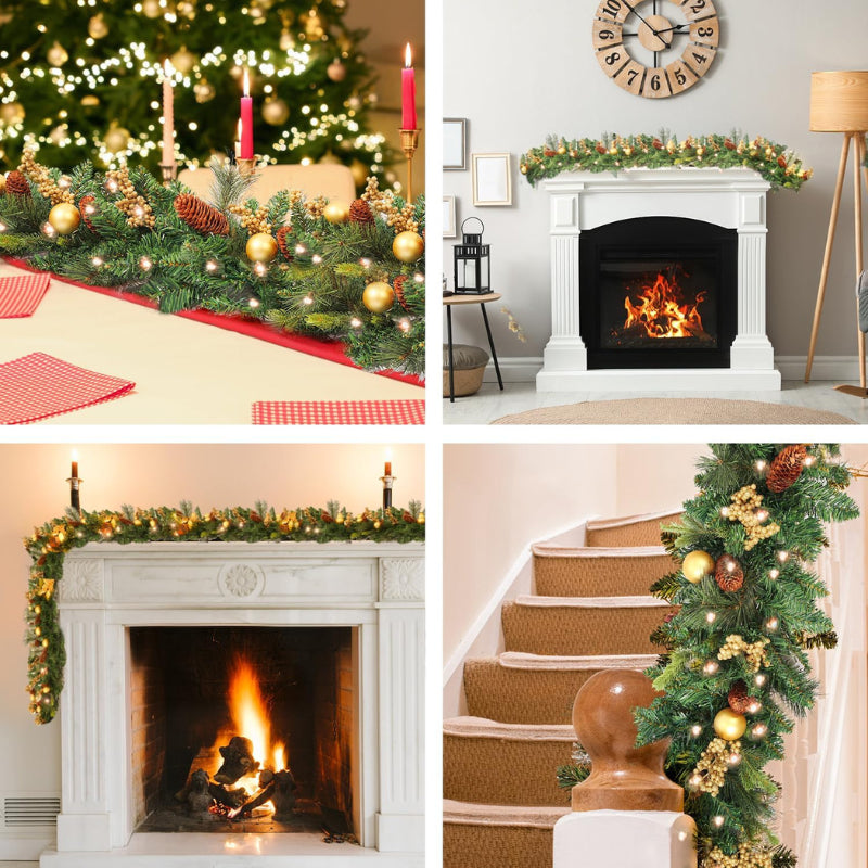 9Ft Pre Lit Christmas Garland Decorations Wreath with LED Lights Xmas Fireplace