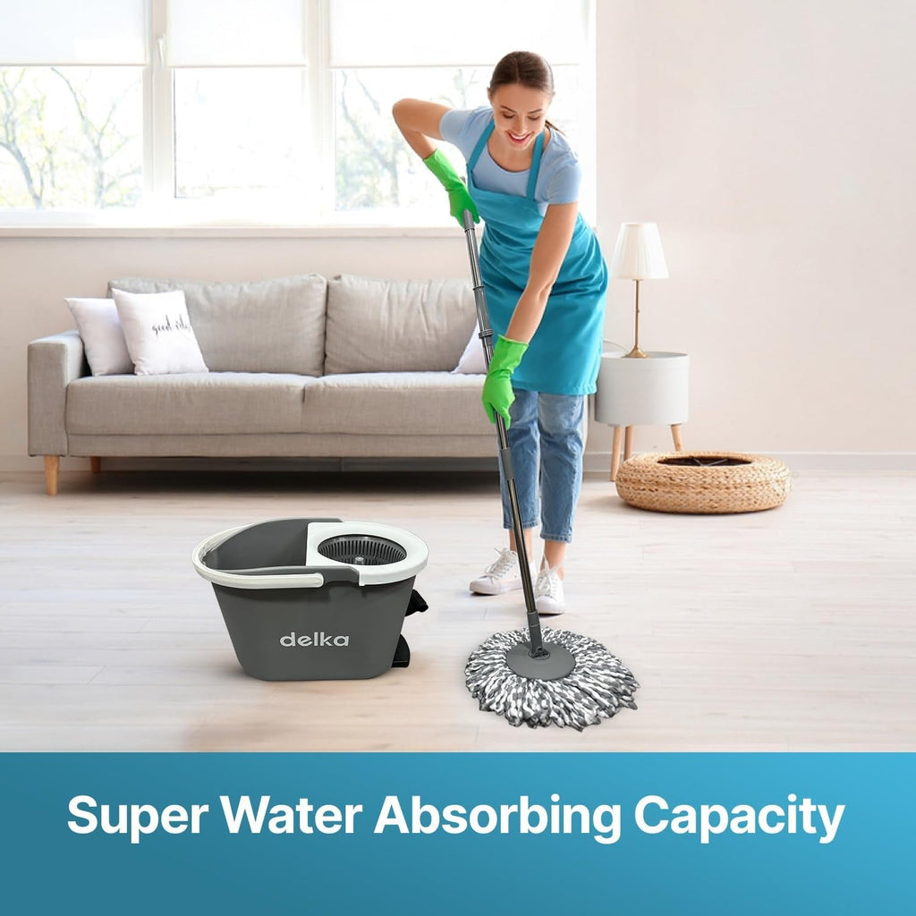 Spin Mop and Bucket Set – Easy Foot Pedal Water Removal, 360° Swivel Motion, Includes 2 Microfibre Mop Heads, All-Surface Cleaning, Splash Guard for Clean Mopping – Mop and Buckets Sets