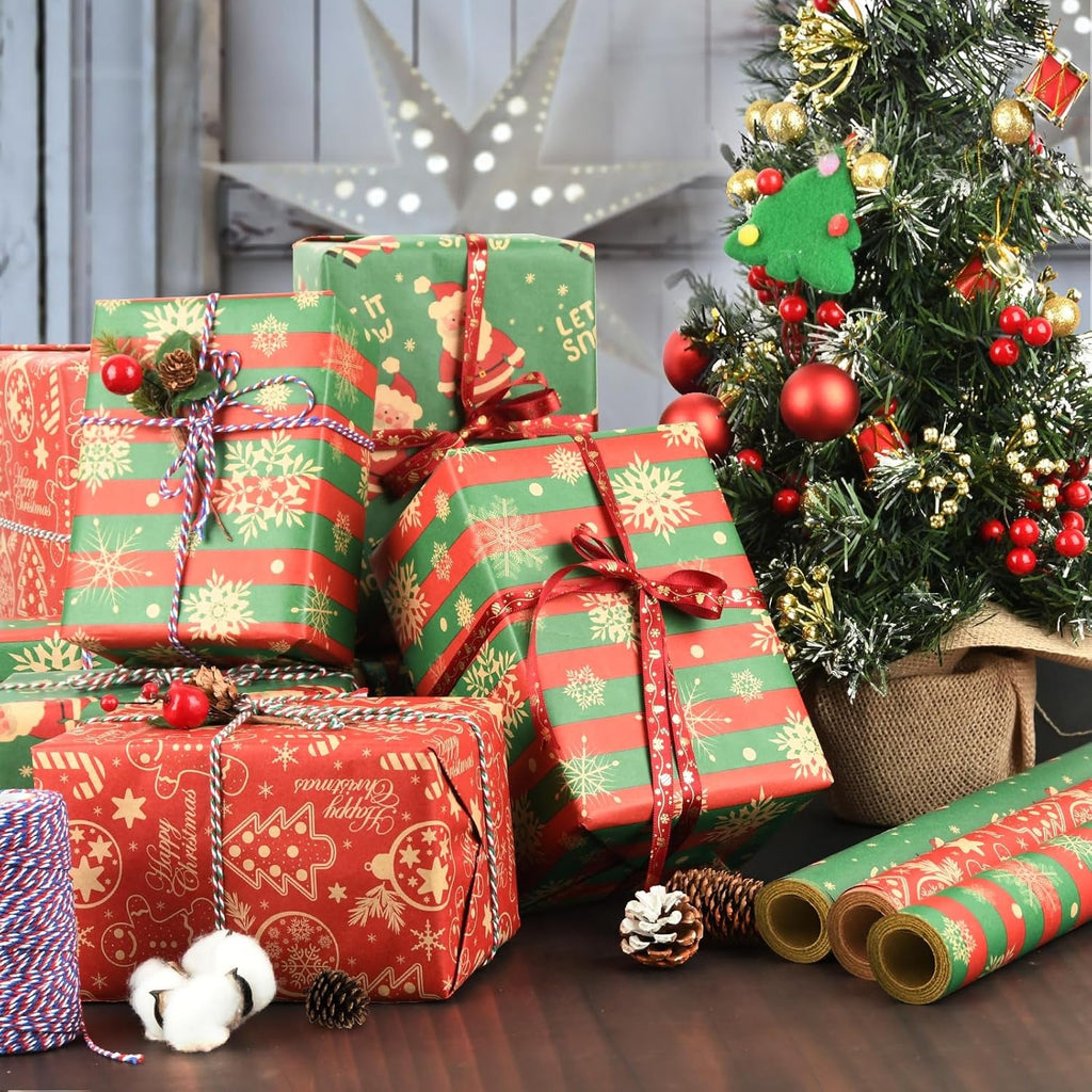 3 Rolls Christmas Wrapping Paper for Gift, 43Cm X 10M Xmas Wrapping Paper Rolls Recyclable Kraft Paper for Christmas Boxes Gift Wrap Birthday Festival Present Decorations
