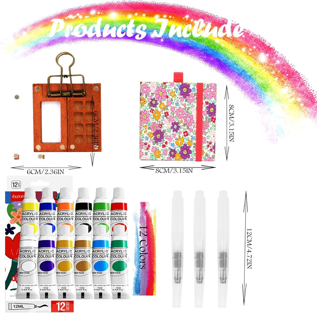 Portable Mini Watercolour Paint Set Travel & Wooden Paint Palette with Metal Clip, 12 X 12Ml Water Colour Paints Sets with Sketchbook & Water Pen for Pocket Watercolour Painters,Artists (12 Colors)