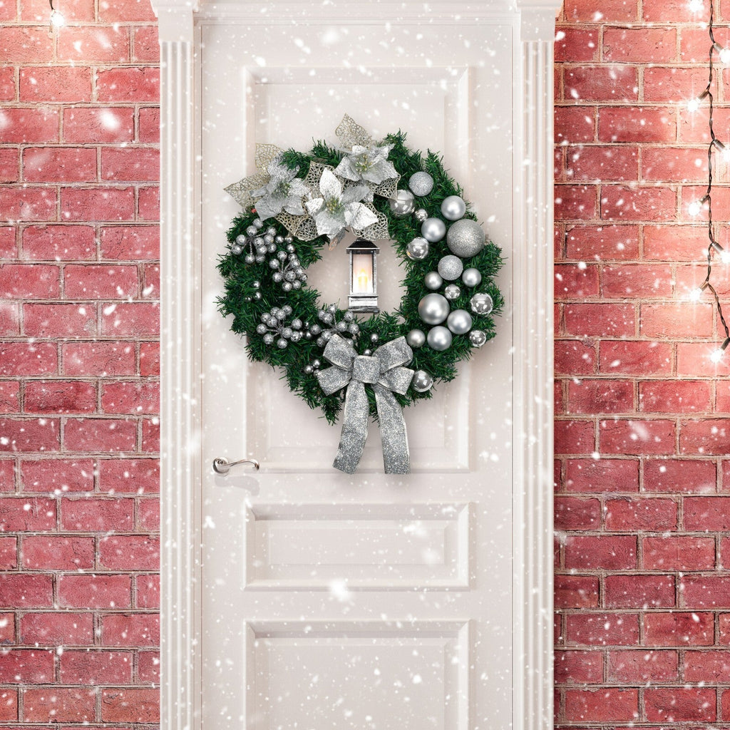 Artificial LED Christmas Wreath Pine Green Decorative Hanging Xmas Door 40Cm Bow