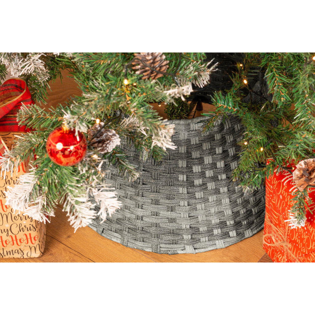 Xmas Christmas Tree Rattan Wicker Skirt Stand Base Basket Cover Tidy Decor Grey