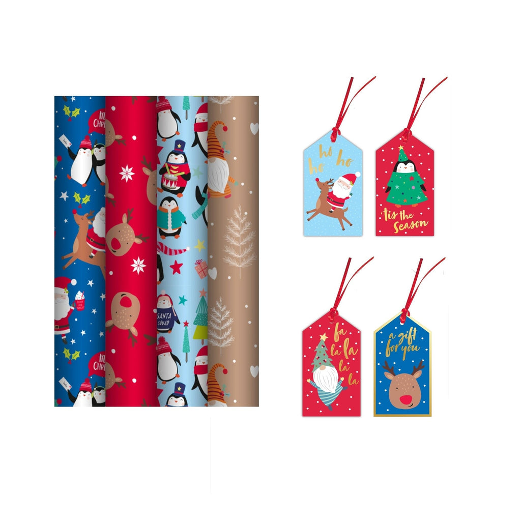4 X 7M Cute Christmas Wrapping Paper Rolls Kids Xmas Gift Wrap & 16 Gift Tags