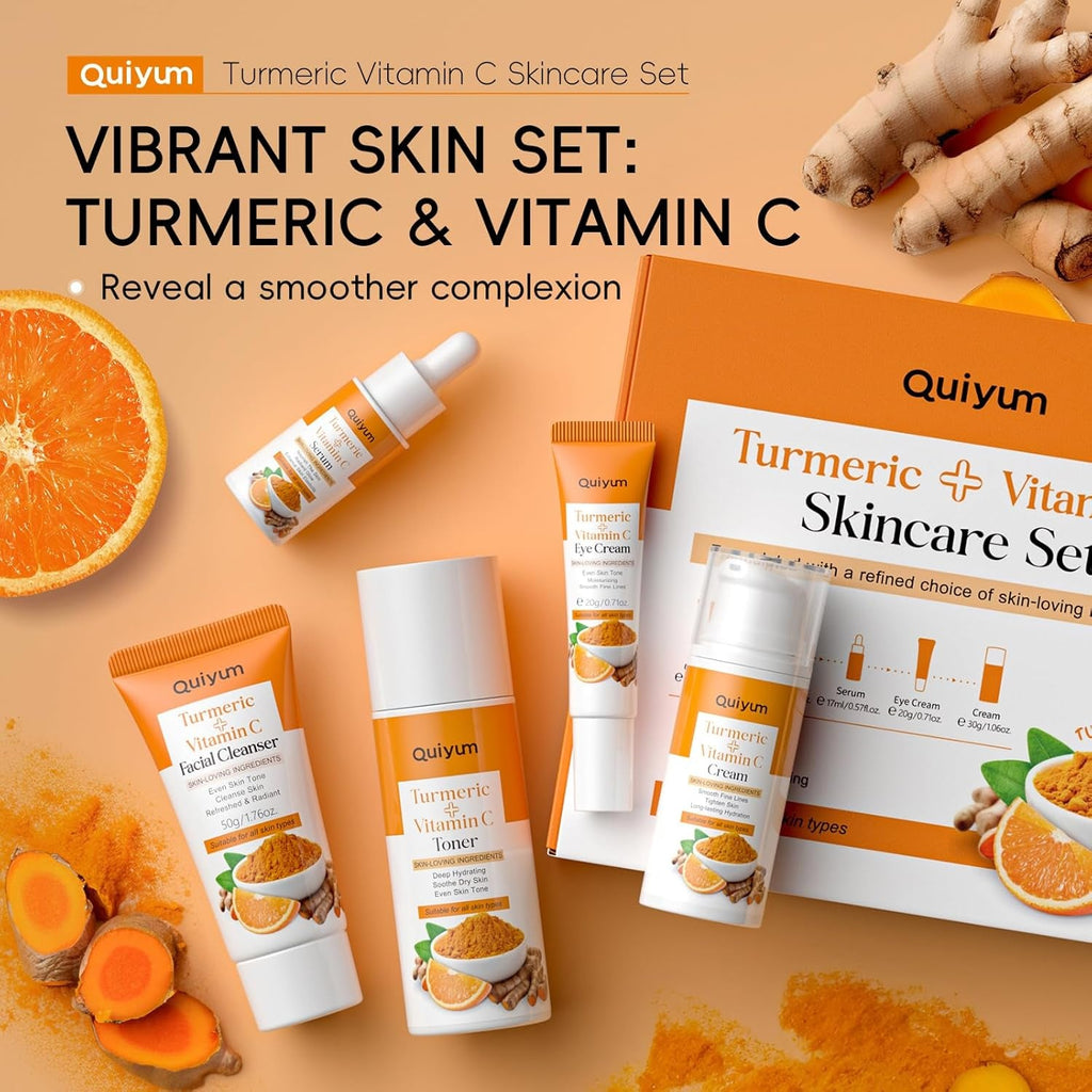 Turmeric Vitamin C Skincare Set, Face Skin Care Sets & Kits Facial Cleanser,Toner,Serum,Eye Cream,Face Cream, Pamper Gift Set for Women Teenage Girls Mom Birthday, Travel Kit for All Skin Types