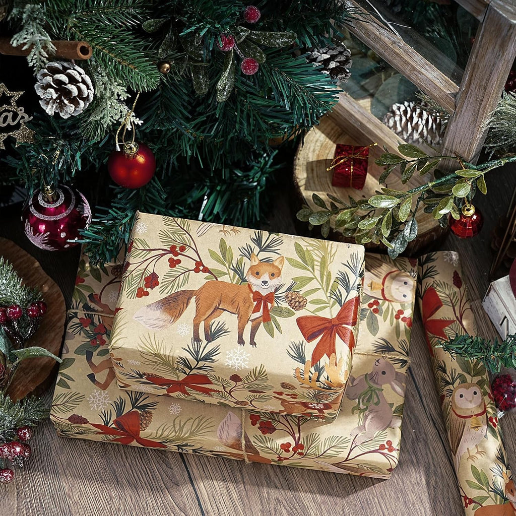 Christmas Wrapping Paper Roll for Boys Girls, Mini Roll, Woodland Animal Design with Fox, Reindeer, Owl and Bunny, Kraft Gift Wrap for Christmas, Winter Party, 43.2Cm X 5M