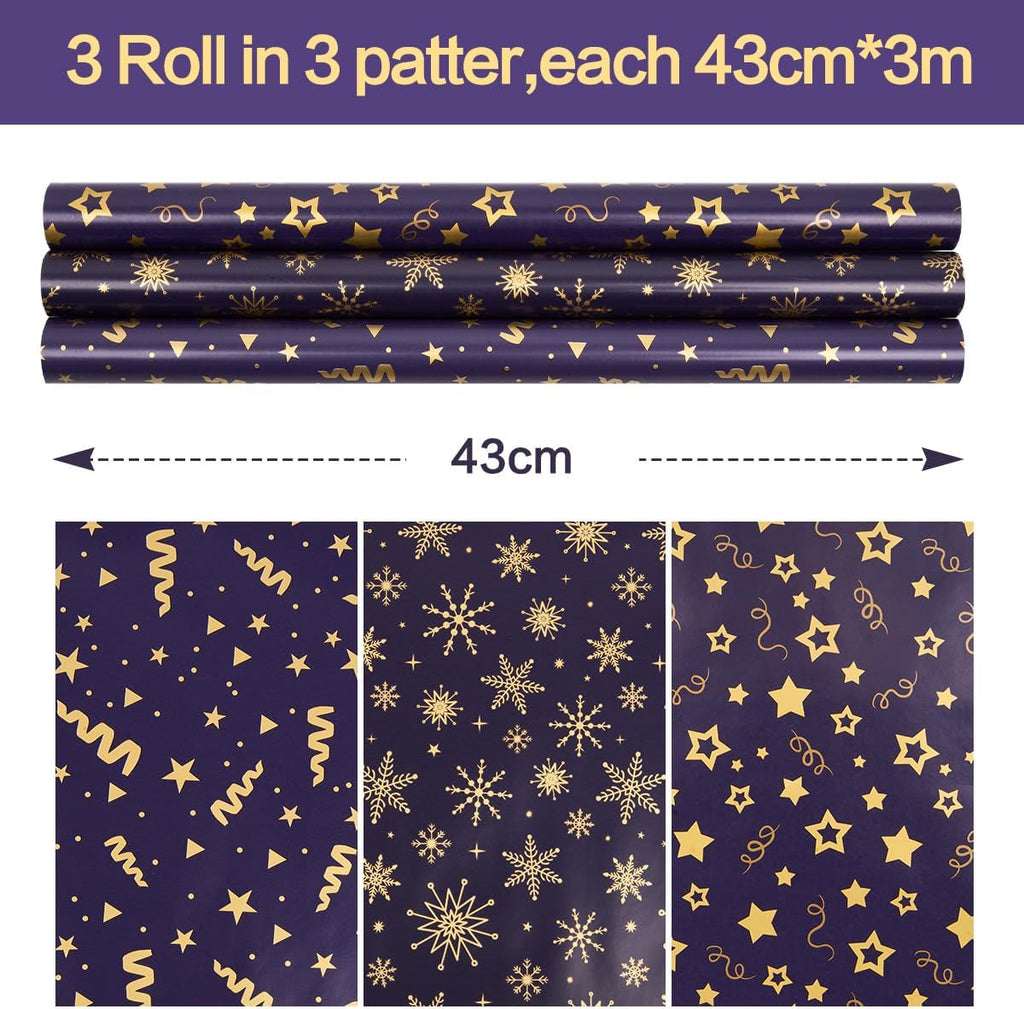 3 Rolls Blue Gold Gift Wrapping Paper, 43Cm*3M Wrapping Paper Print with Star and Snowflake for Christmas, Birthday, Festival Party Gift Decoration