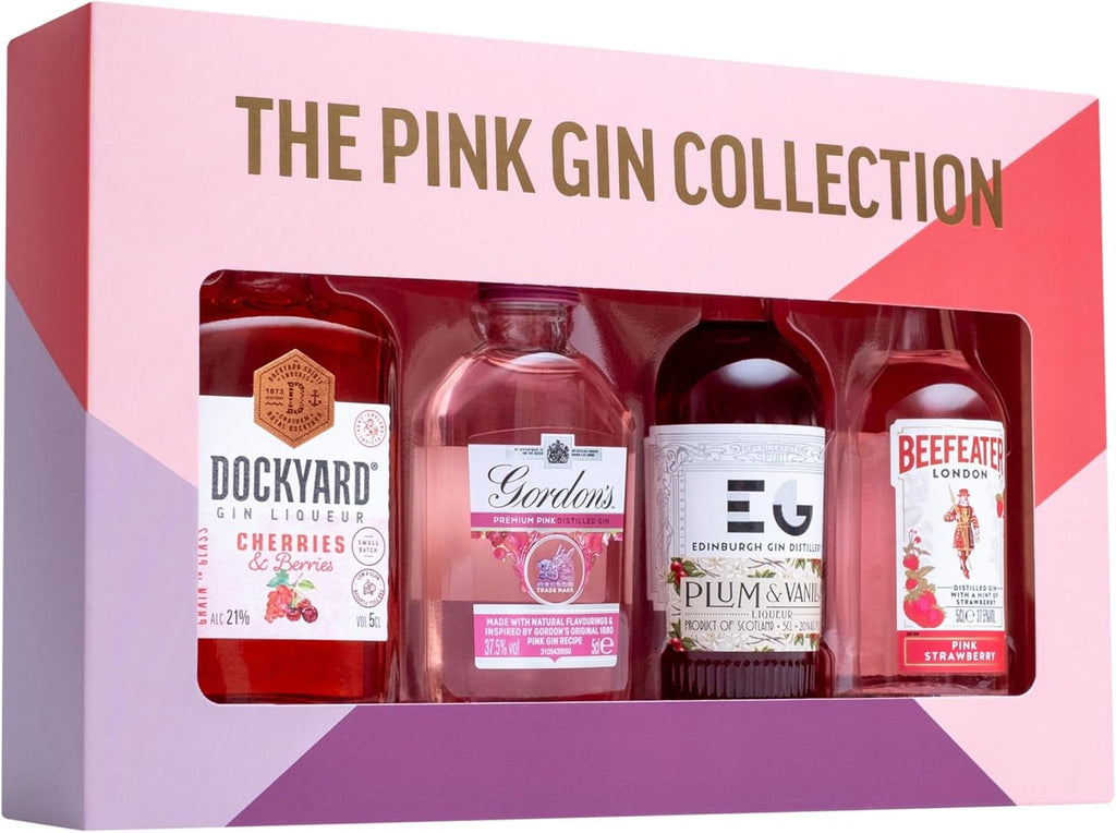 Pink Gin Gift Set - Gin Gifts for Women, 4X5Cl Beefeater Pink Strawberry, Gordons, Edinburgh Plum & Vanilla, Dockyard Cherries & Berries Flavoured Liqueur, Womens Alcohol Gifts, Birthday