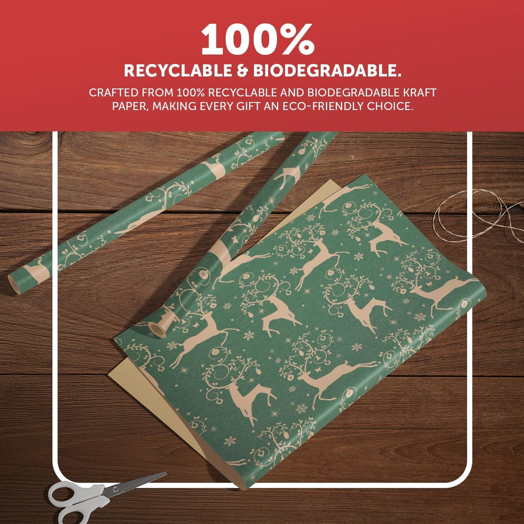 2 Pack Christmas Wrapping Paper Roll - Festive Designed Recyclable Kraft Paper, Perfect for Holiday Gifts, Arts & Crafts-Wrapping for a Merry Christmas (44.5Cm X 25M) (Reindeer)