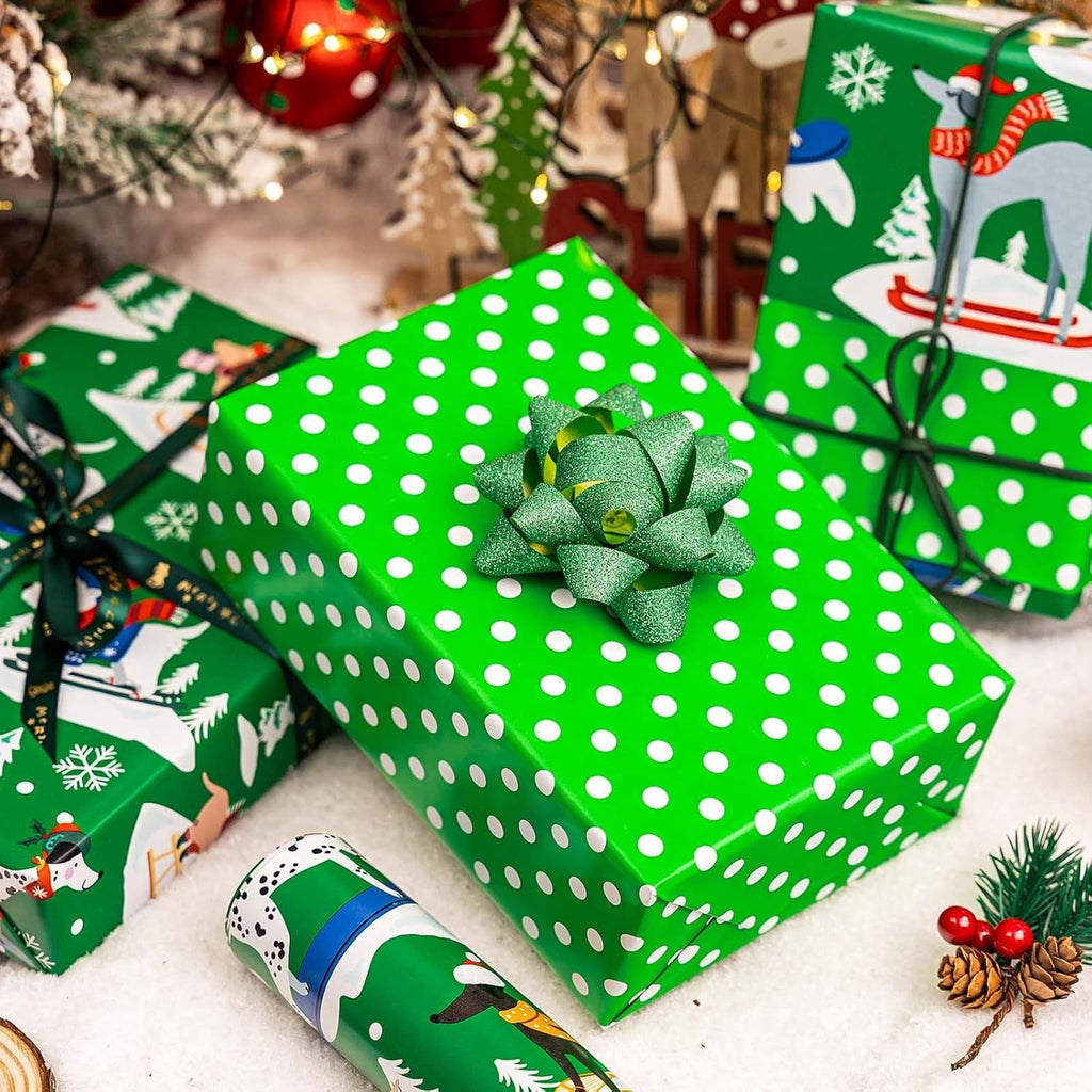 Reversible Christmas Wrapping Paper Roll - 43Cm X 10M Cute Green Presents Packing Paper - Funny Dog/Christmas Tree/Snowflakes/Polka Dots Design