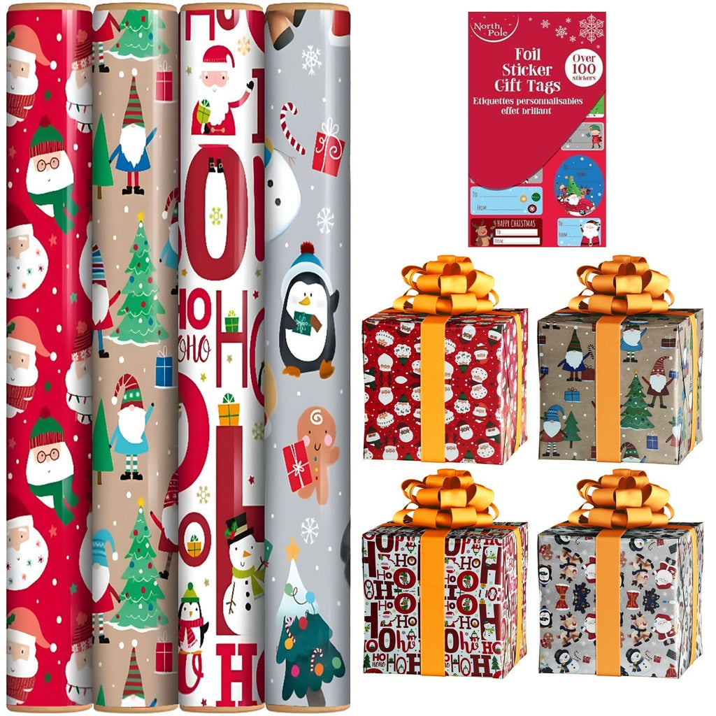 4 X 4M Christmas Cute Wrapping Paper Rolls with 100 Matching Foil Gift Tags