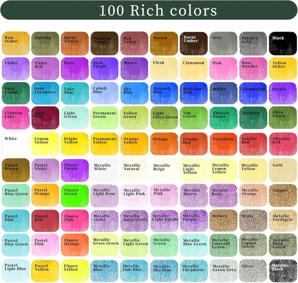 Watercolour Paint Set 100 Colors in Portable Box Including, Travel Watercolor Set with Watercolor Papers, Brushes and Other Tools, Idea for Artists and Hobbyists