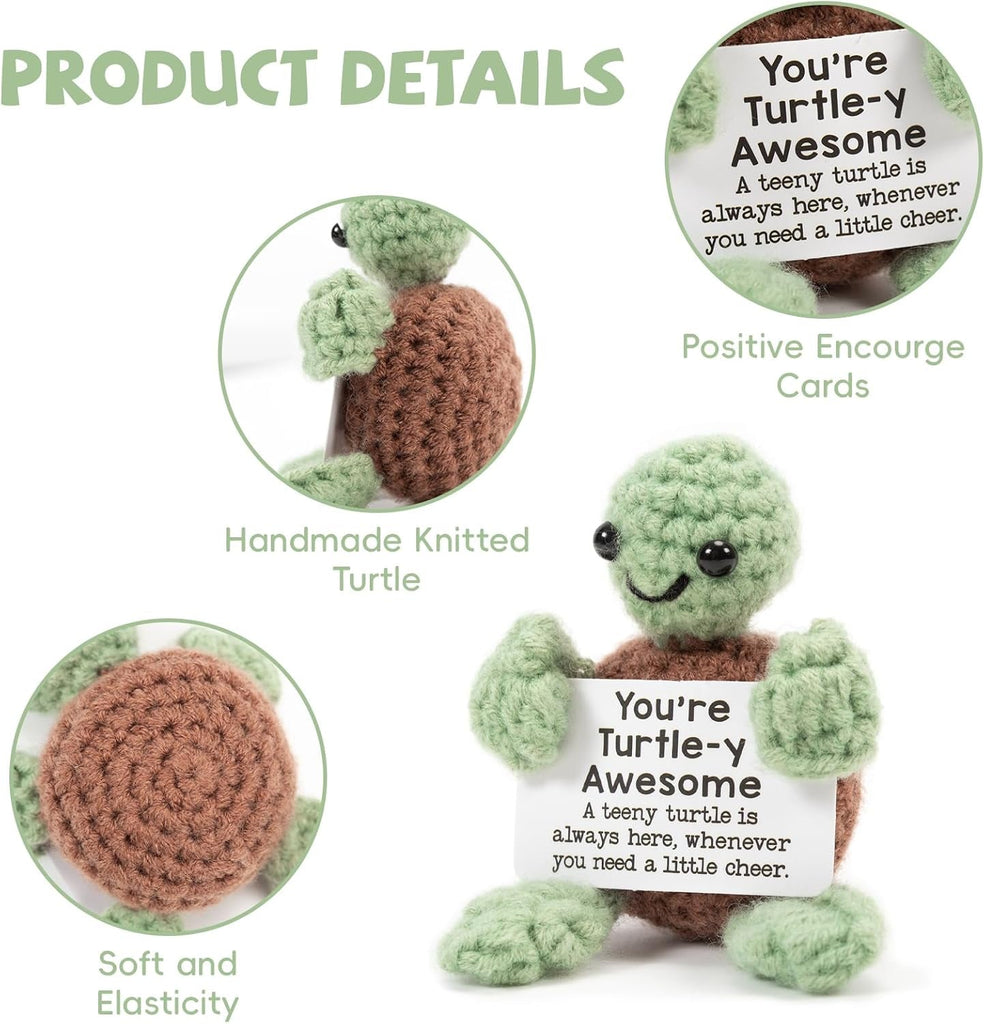 Funny Positive Turtle Gifts, Small Handmade Crochet Animals Cute Stuff, Birthday Gifts for Women, Emotional Support Presents for Women Christmas Home Desktop Decor (Green)