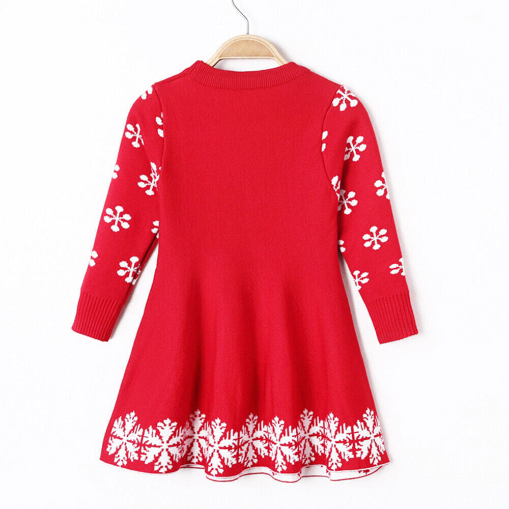 UK Kids Girls Christmas Elk Knitted Sweater Winter Warm Long Sleeve Jumper Dress
