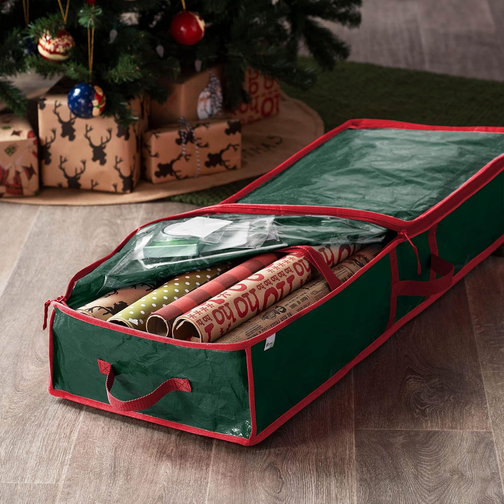 Christmas Wrapping Paper Storage Bag with Interior Pockets - Fits 18-24 Rolls - Gift Wrap Organiser for Christmas Decorations Bows, Tags & Ribbons - Durable Tear Proof Wrapping Paper Storage Box