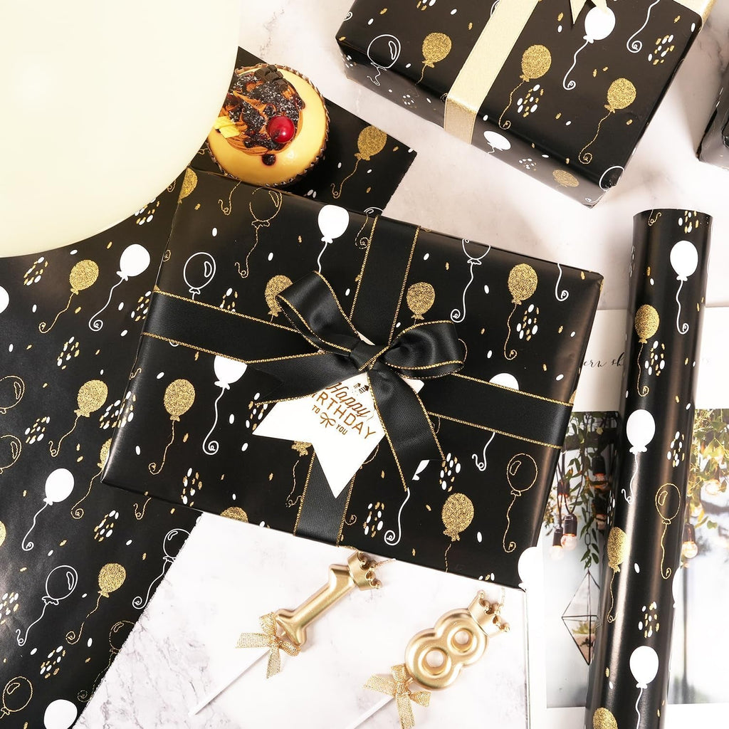 Black Birthday Wrapping Paper Roll - Metallic Dots and Balloon Design, 43Cm X 10M Black Gold Wrapping Paper for Women Men, Luxury Gift Wrap Paper for Birthday Christmas Wedding Baby Shower Party