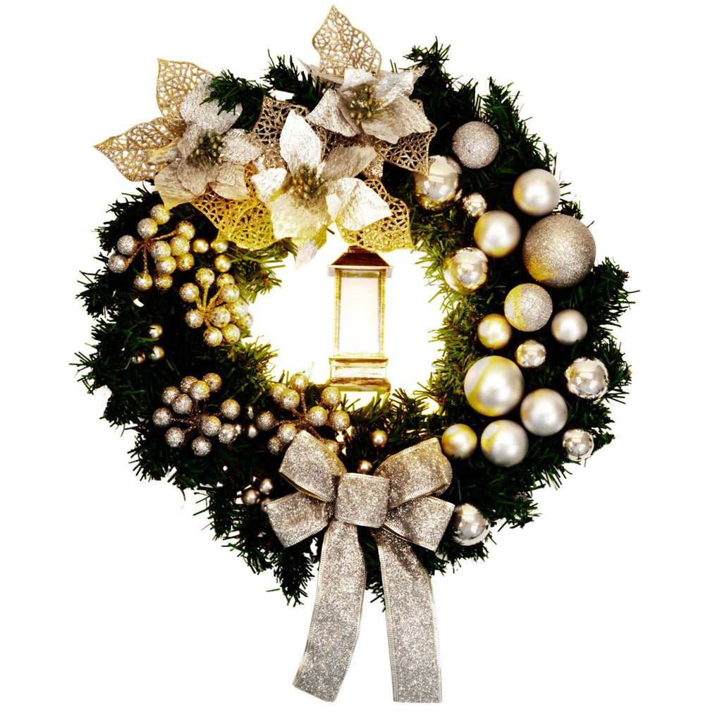 Artificial LED Christmas Wreath Pine Green Decorative Hanging Xmas Door 40Cm Bow