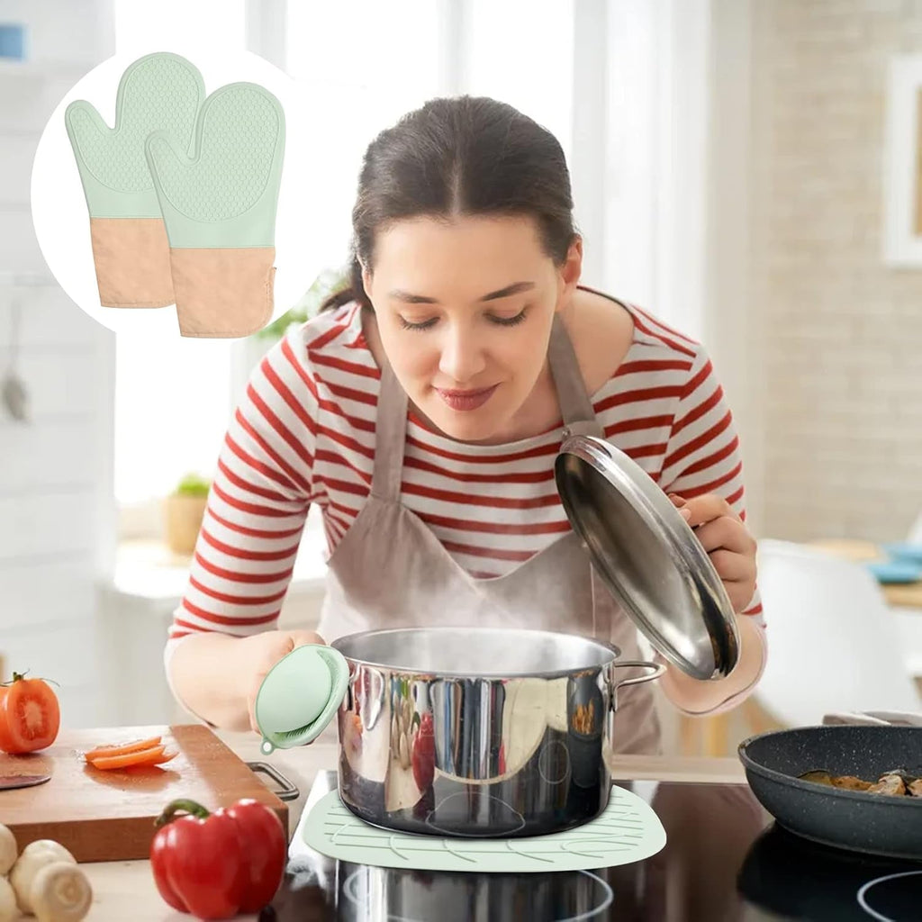 Set of Silicone Oven Gloves Heat Resistant, Pot Holder, Pot Mat, Silicone Oven Mitts Potholder Green Oven Glove Set for Home Kitchen Cooking, Baking, Grilling