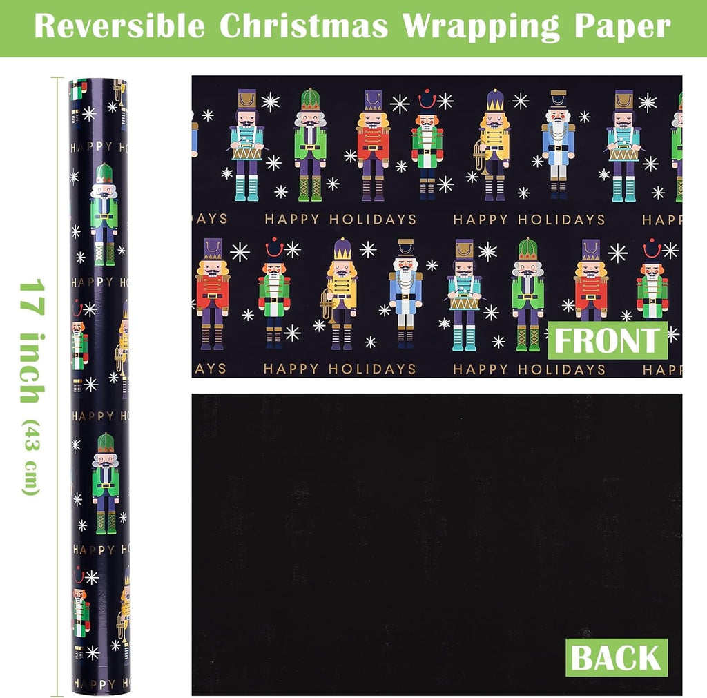 Reversible Nutcracker Christmas Wrapping Paper - Mini Roll - 43.2Cm X 10M - Foil Black Nutcracker Wrapping Paper for Christmas, Party Celebration