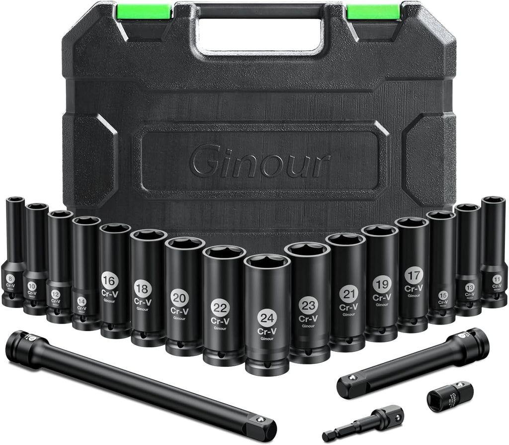 20Pcs Impact Socket Set 1/2 Inch, CR-V Drive Master Deep Impact Socket Set 8Mm - 24Mm, Metric, 6 Point, with 3Pcs Drive Impact Extension Bar Set 3", 5",10"
