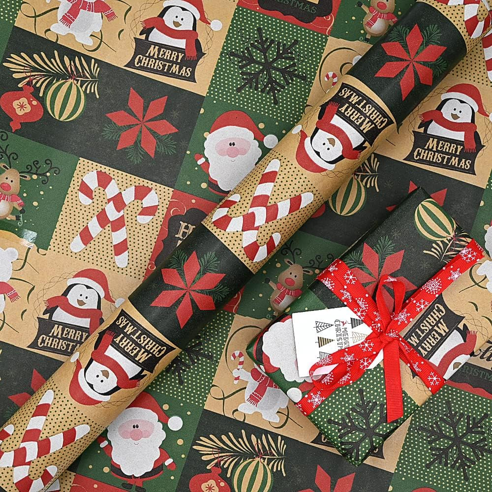 43Cm X 15M Roll Package Christmas Wrapping Paper, Kraft Paper Printed with Christmas Pattern Recyclable Wrapping Paper for Xmas Party Gift Wrap