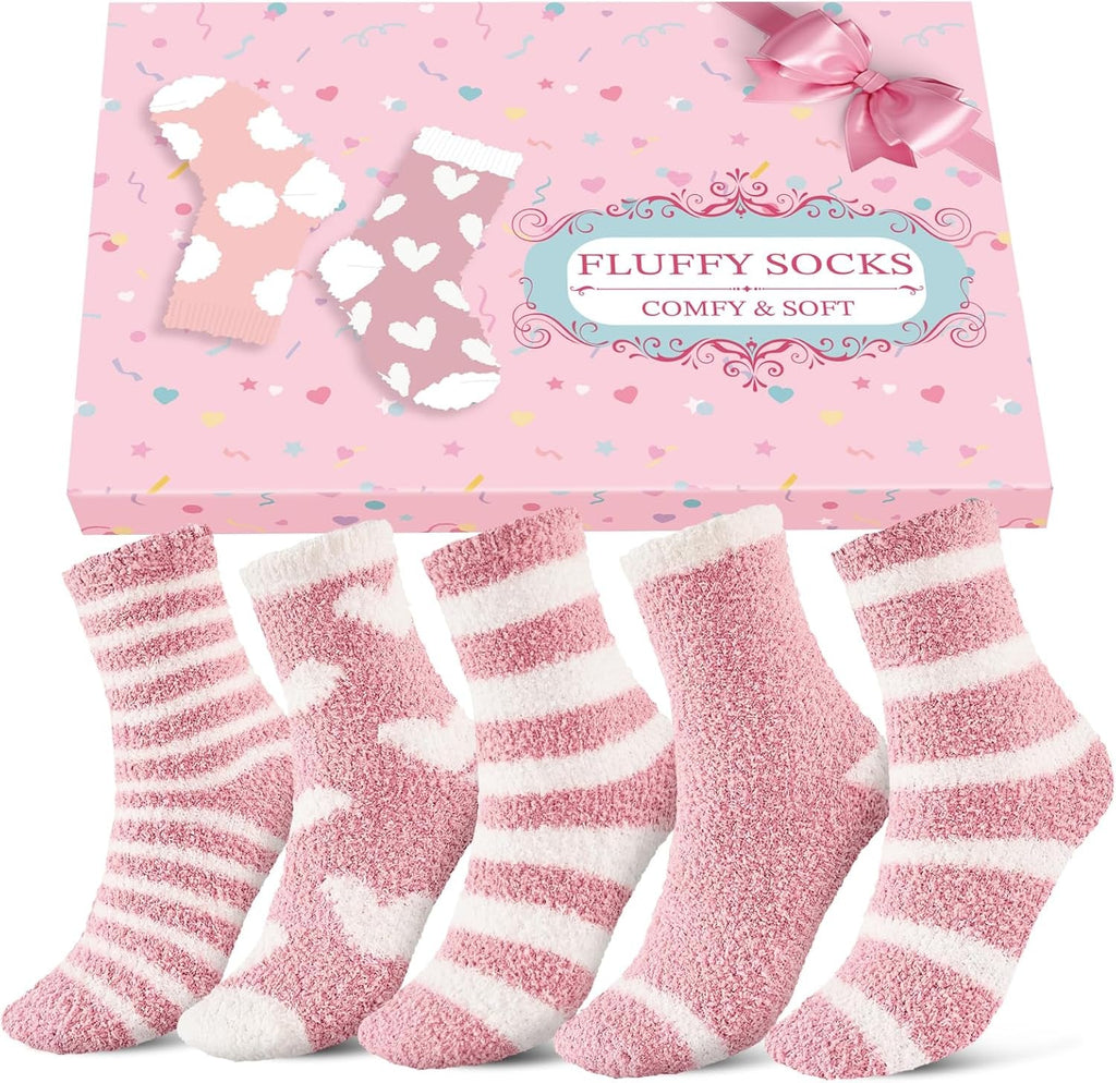 Fluffy Socks Womens with Gift Box, Cosy Bed Socks for Women, Warm&Comfy Fuzzy Sock, Christmas Gifts for Women Ladies Girls, 5 Pairs, 3-8