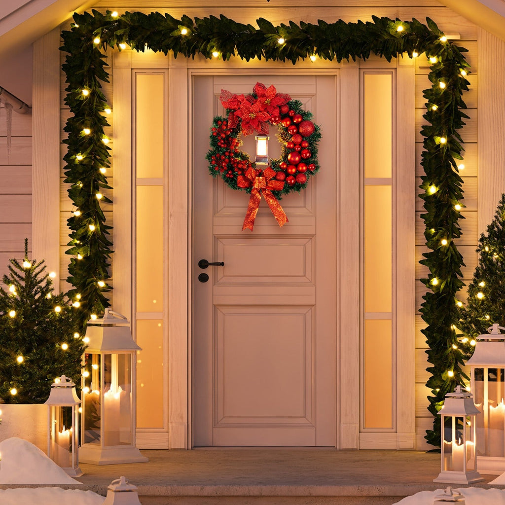 Artificial LED Christmas Wreath Pine Green Decorative Hanging Xmas Door 40Cm Bow